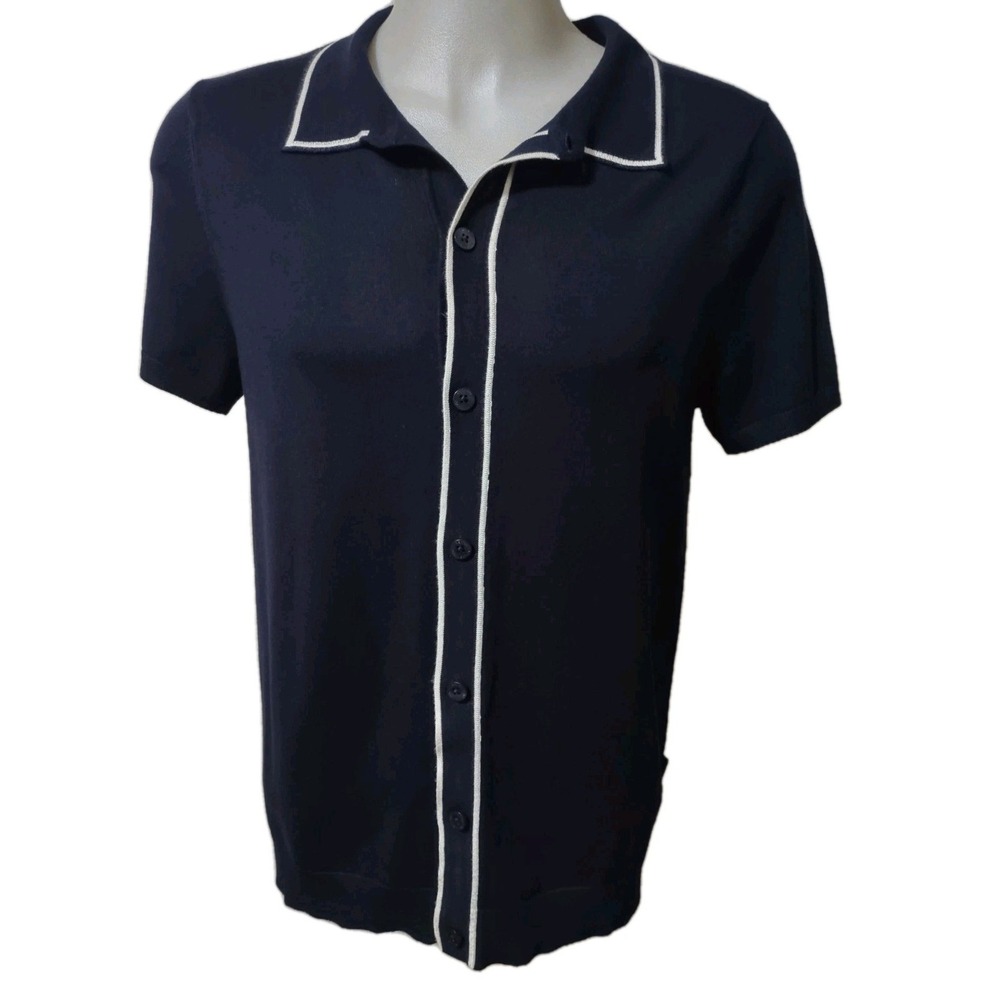 French Connection Sweater Mens Size Large‎ Black Short Sleeve Button Collar Soft